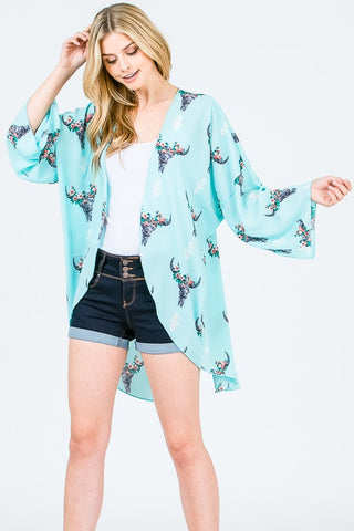 Turquoise Floral BullHead Cow Skull Kimono