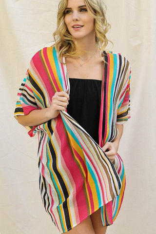 Vivid  Stripe Print Sheer Kimono Cardigan
