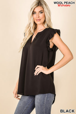 Ruffled Sleeve High Low Top Black