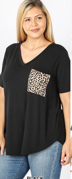 Black Leopard Pocket Tee with V-Neck