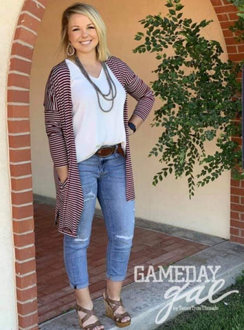Game Day Maroon Burgundy Striped Cardigan