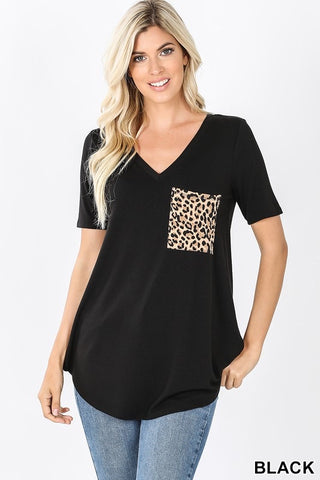 Black Leopard Pocket Tee with V-Neck